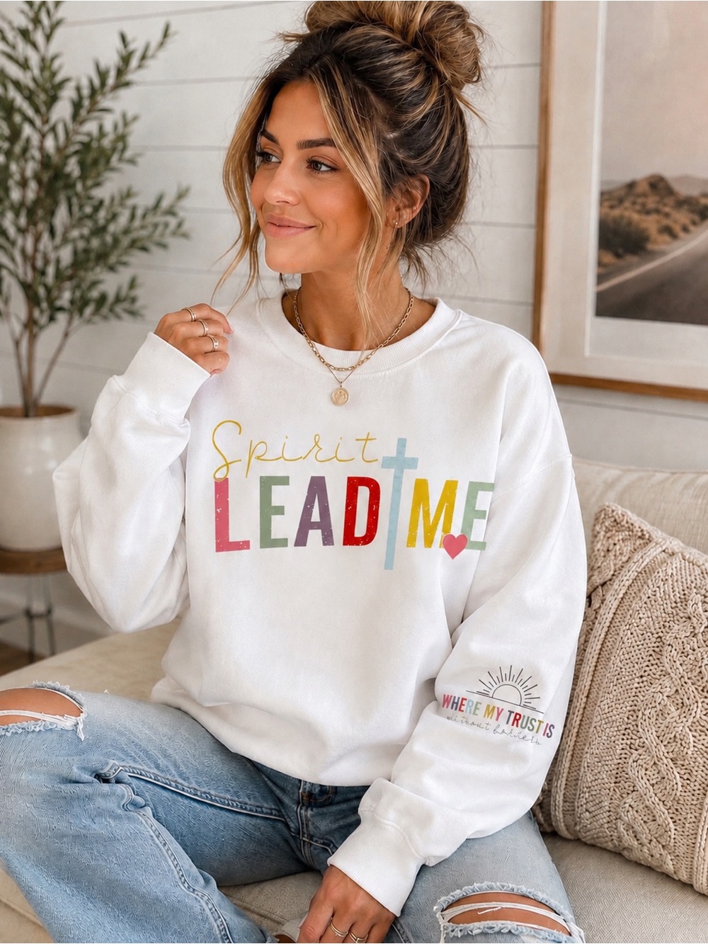 Christian “Spirit Lead Me” White Graphic Crewneck Sweatshirt – Faith Based